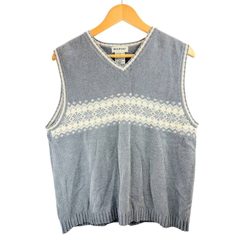 VTG White Stag Womens XL Fair Isle Knit V Neck Sweater Vest Light Blue Preppy